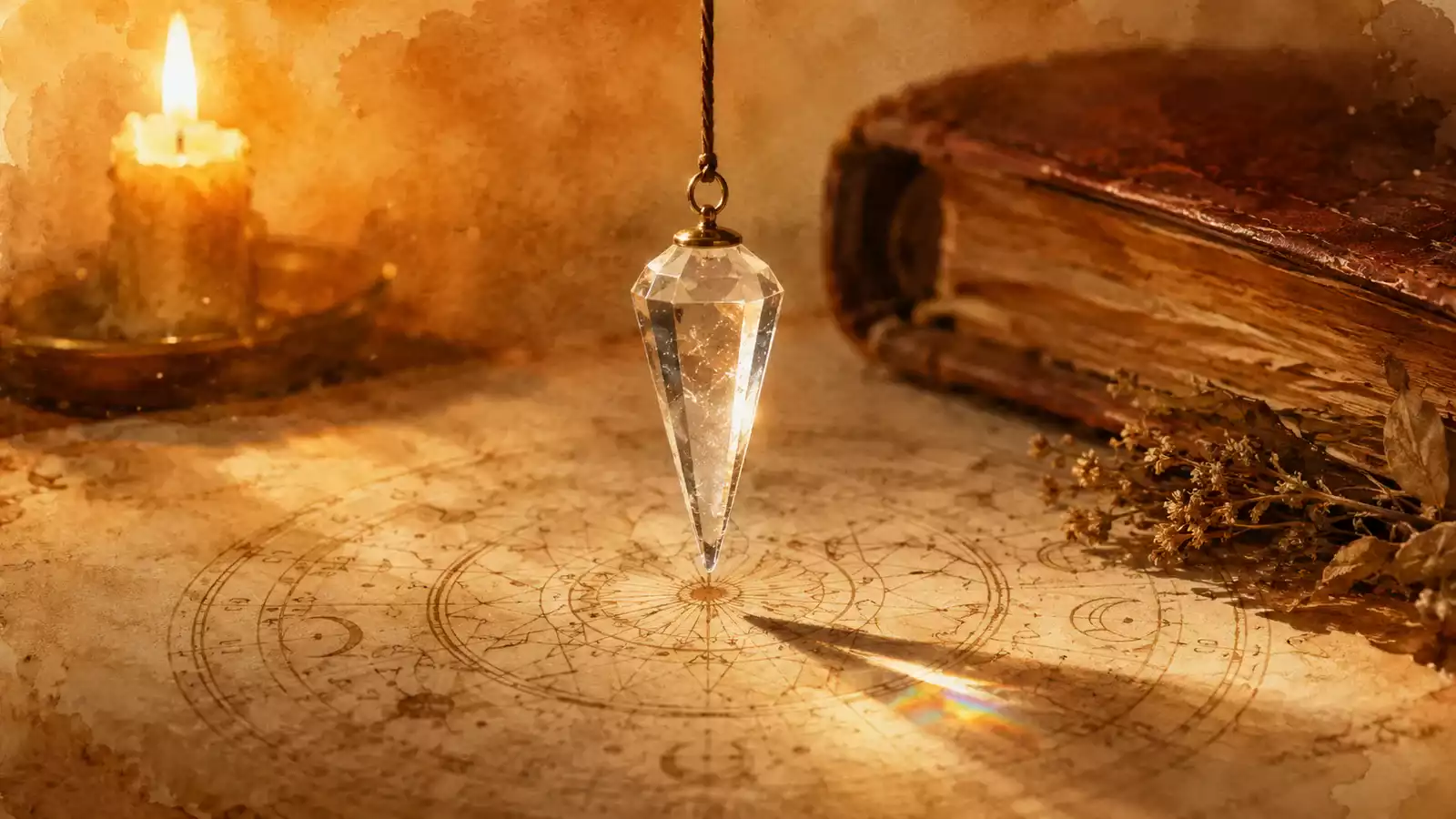Pendule en cristal de quartz suspendu au-dessus d’un cercle mystique sur papier crème, avec lumière dorée, grimoire ancien et herbes séchées.