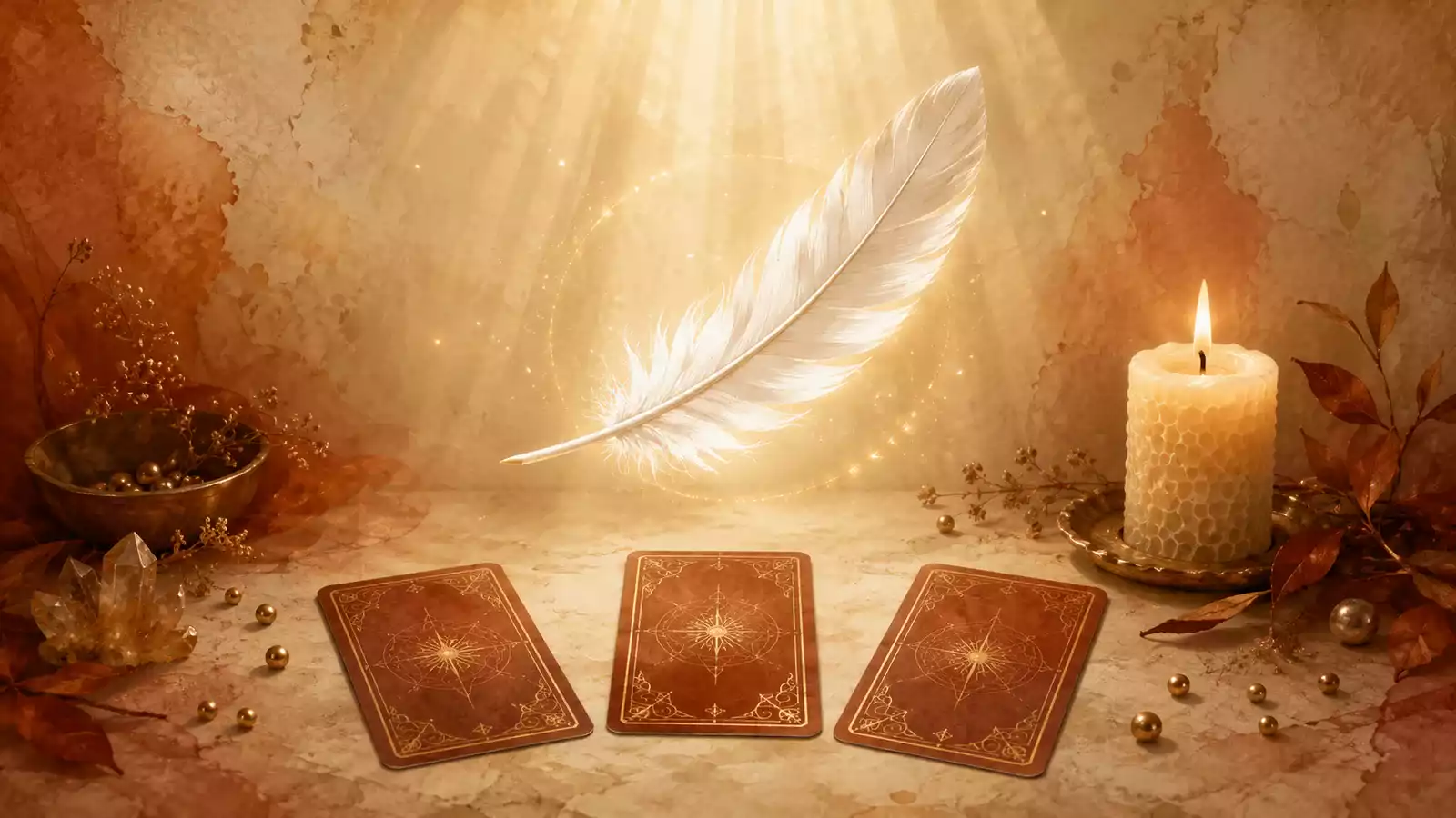 Grande plume blanche illuminée au-dessus de trois cartes d’oracle face cachée, avec bougie en cire d’abeille et perles dorées dans une ambiance sacrée.