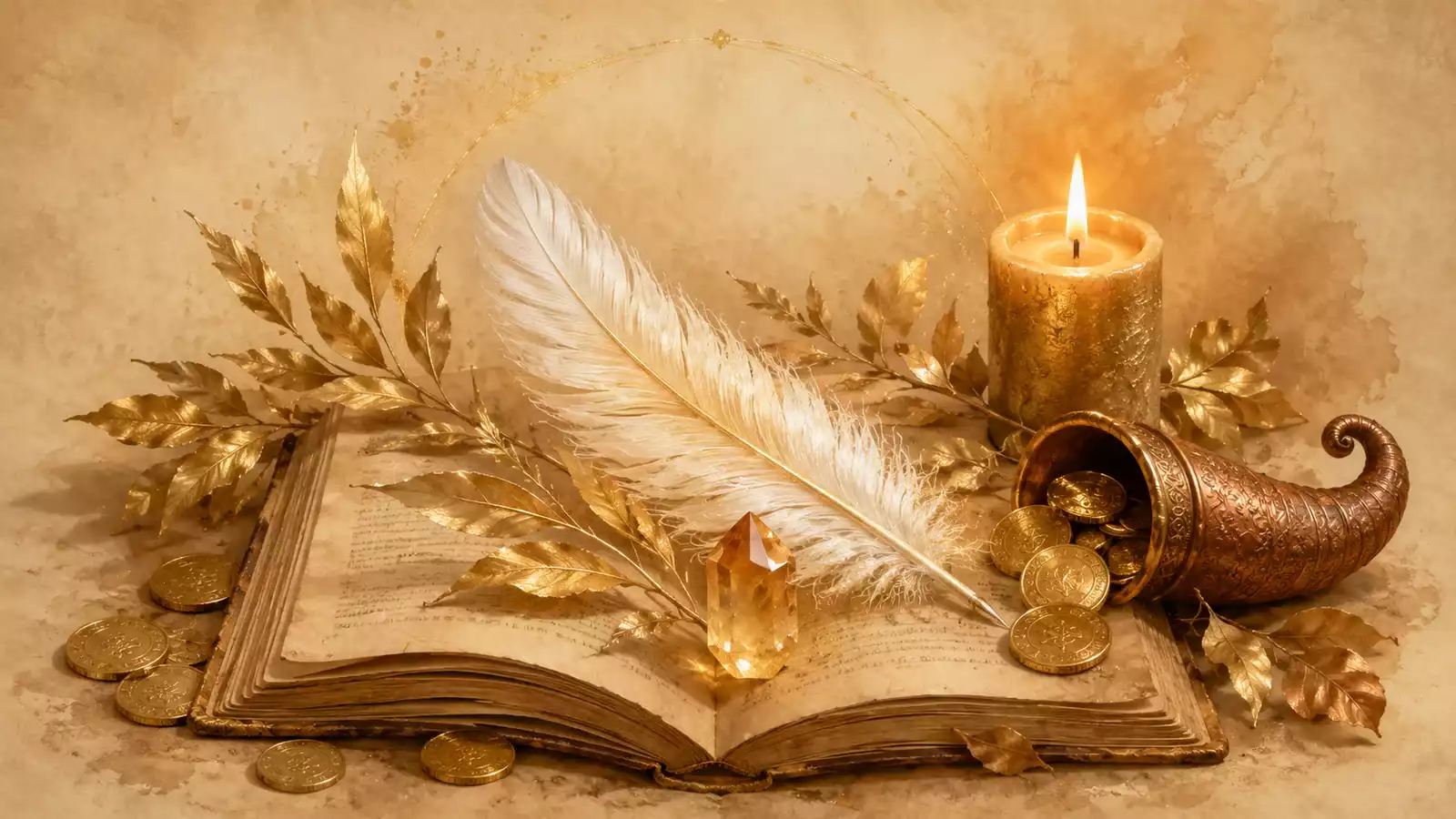 Plume blanche dorée posée sur un livre ouvert avec citrine, bougie dorée allumée, feuilles d’or, pièces anciennes et corne d’abondance en cuivre.