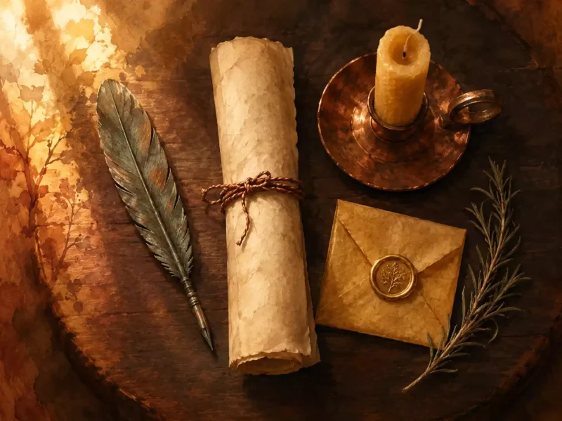 Rituel Fête des Pères à la maison — parchemin et bougie de cire d'abeille préparés