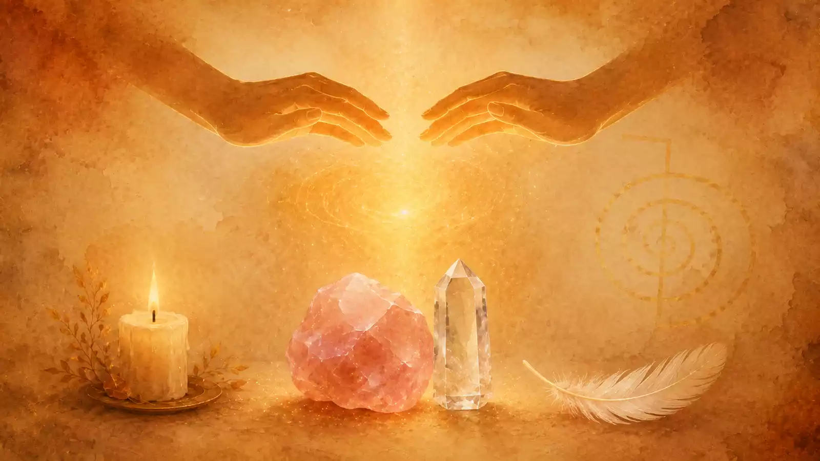 Deux mains stylisées diffusant une lumière dorée vers un quartz rose et un cristal de roche, avec plume blanche, bougie crème et symbole Reiki subtil.