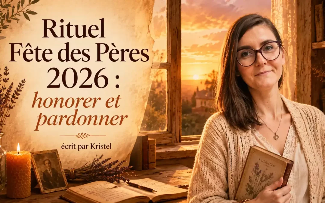 Vignette de blog sur le Rituel Fête des Pères 2026, avec Kristel dans une ambiance chaleureuse de librairie spirituelle, tenant un livre devant une fenêtre au coucher du soleil.