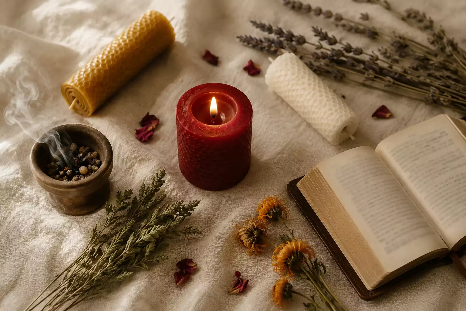 Composition flat lay rituel Saint-Jean : bougie rouge, jaune, blanche, encens Trinité et Oliban