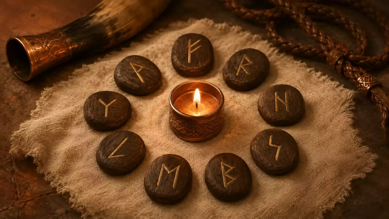 Neuf runes nordiques gravées sur des galets de bois sombre, disposées en cercle sur un tissu de lin écru autour d’une bougie en cuivre allumée.