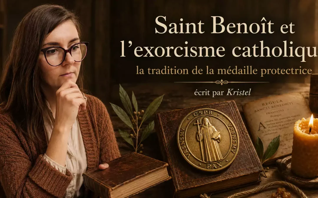Kristel devant une composition catholique traditionnelle avec médaille de Saint Benoît, livre ancien, cierge allumé et titre Saint Benoît et l’exorcisme catholique.