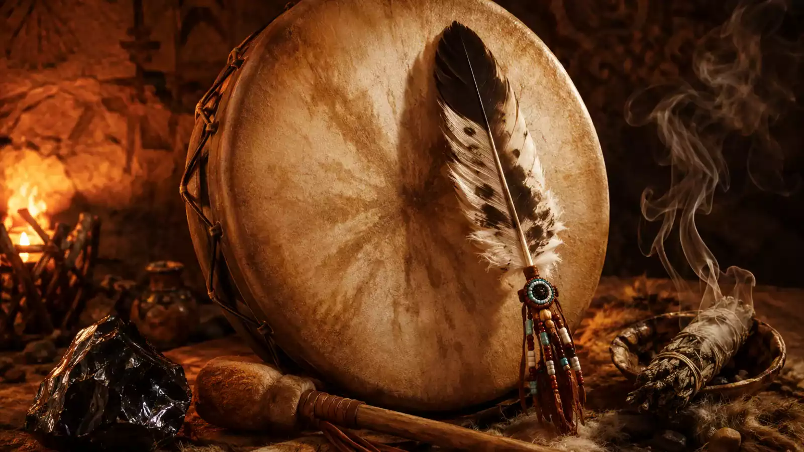 Tambour chamanique en peau posé verticalement avec baguette, plume ornée de perles, sauge fumante et pierre d’obsidienne dans une ambiance ancestrale.