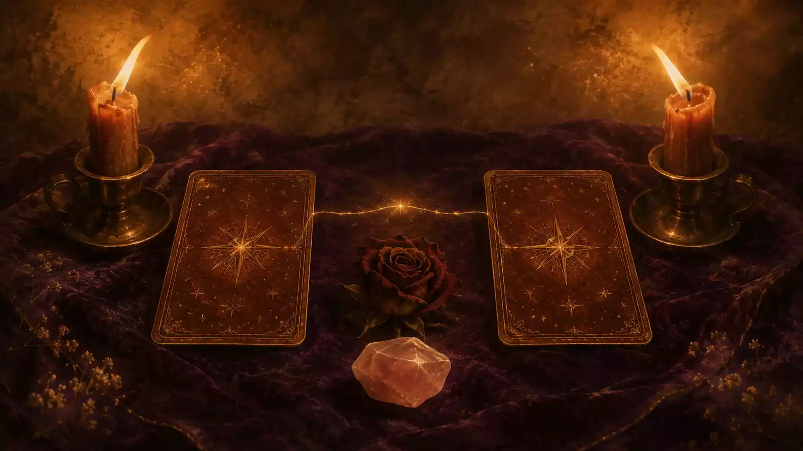 Deux cartes de tarot face à face sur un velours pourpre, reliées par un trait de lumière dorée, avec bougies jumelles, rose séchée et quartz rose.