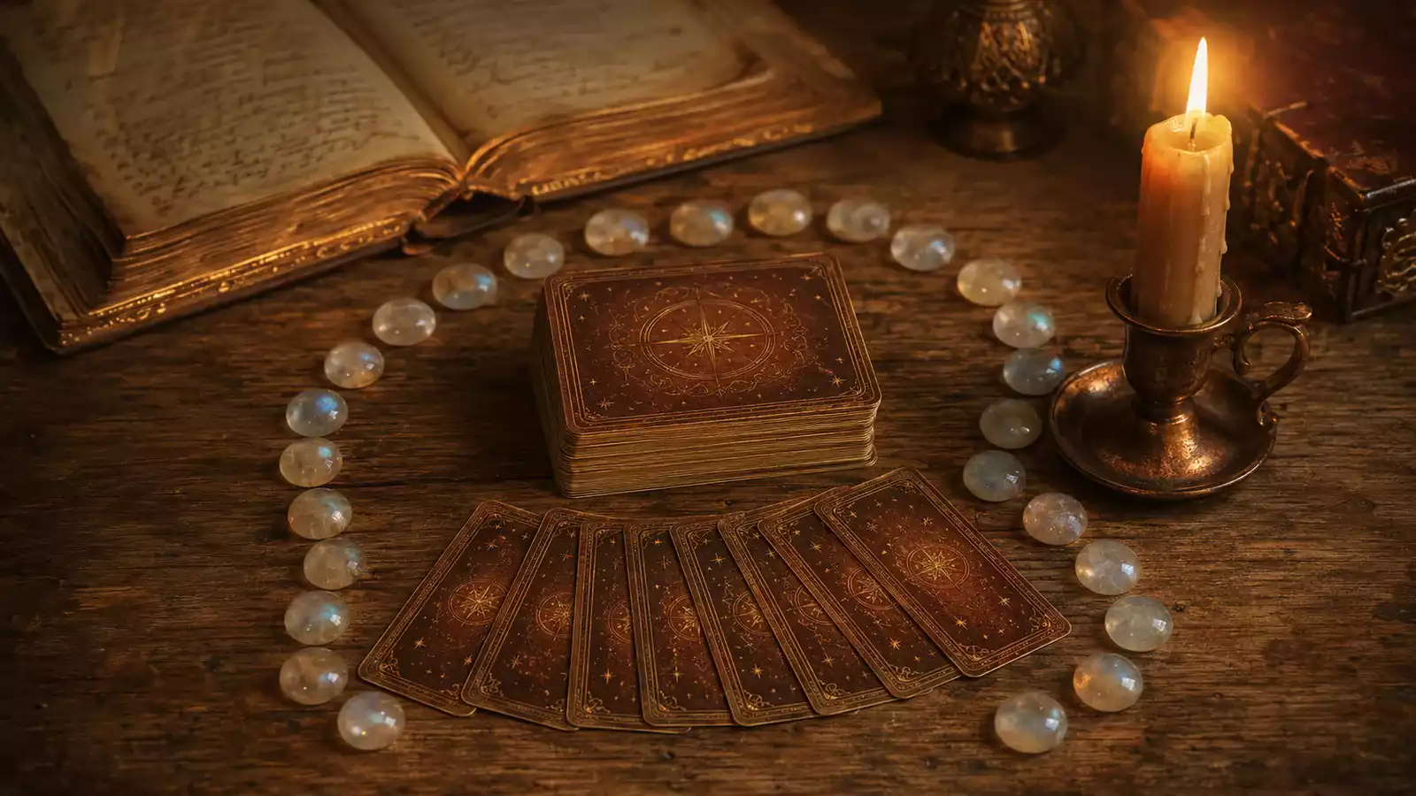 Jeu de tarot complet empilé sur une table en chêne ancien, entouré de pierres de lune, avec cartes en éventail, bougie en cuivre et livre ouvert.