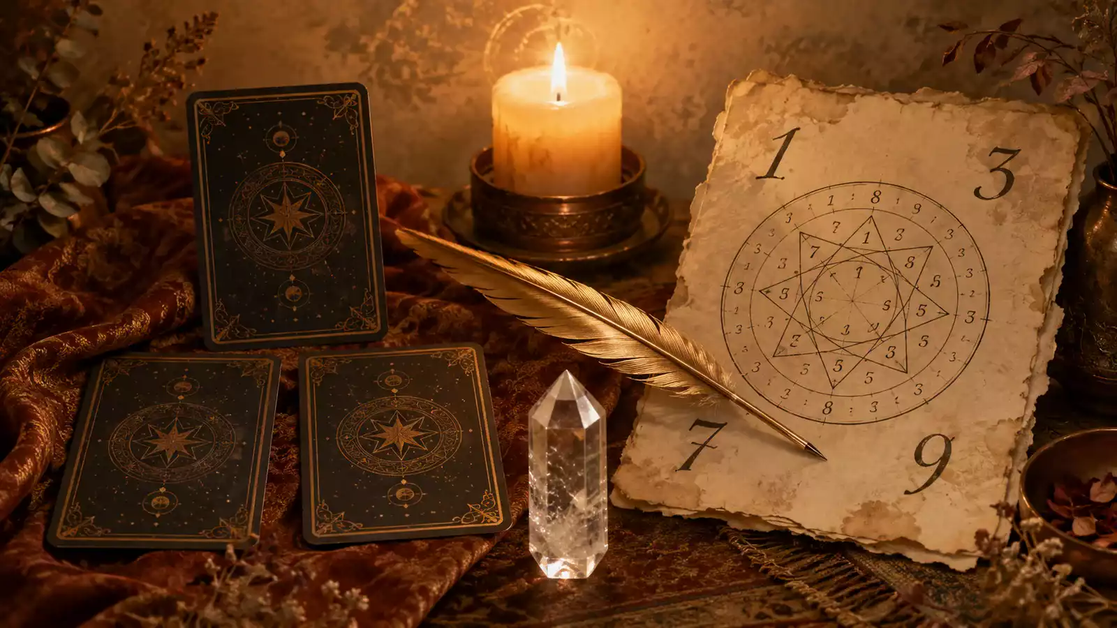 Trois cartes de tarot disposées en triangle à côté d’une feuille de numérologie ancienne avec les chiffres 1, 3, 7 et 9, une plume dorée, un quartz transparent et une bougie.