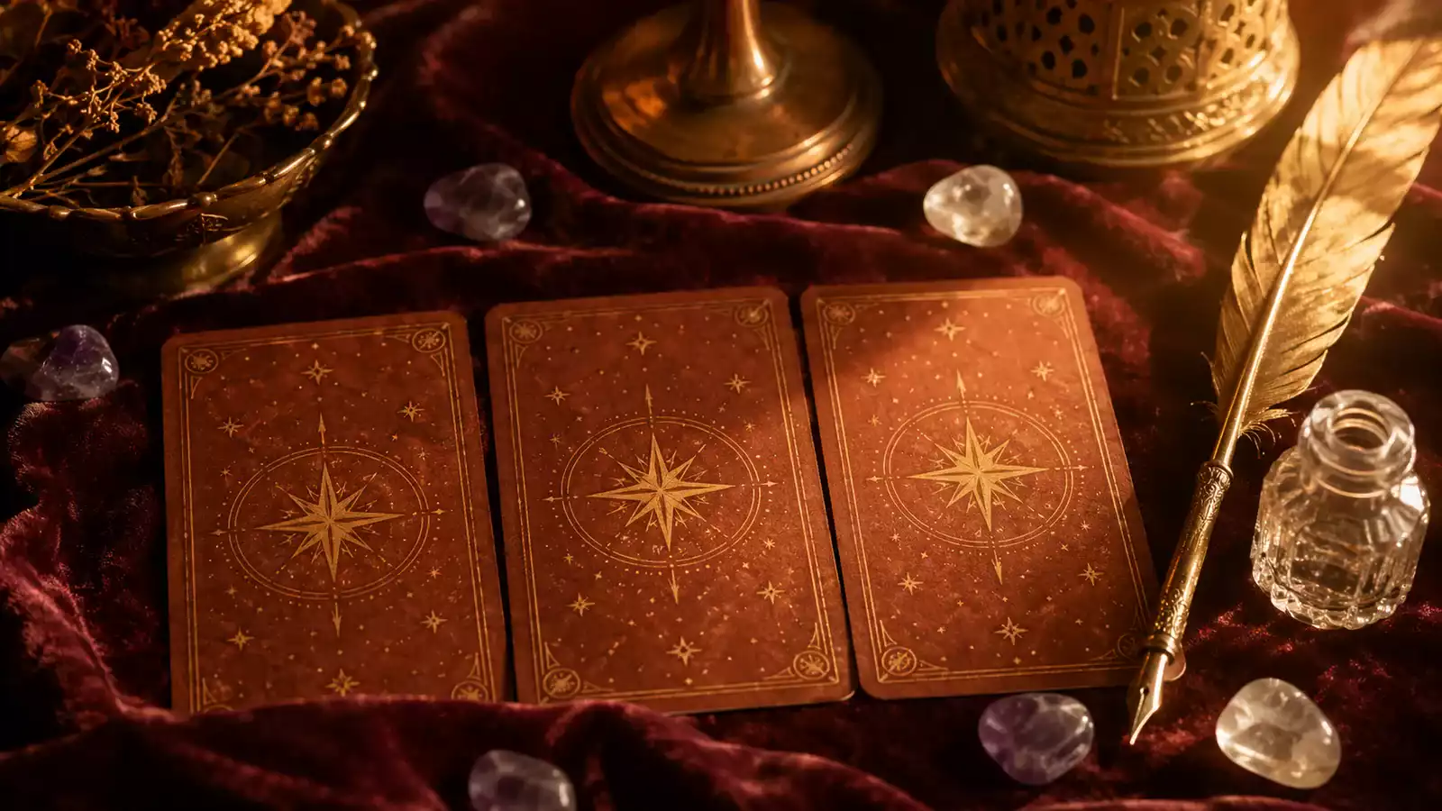Trois cartes de tarot aux dos cuivrés posées sur un velours bordeaux, entourées d’une plume dorée, d’un encrier en verre, d’améthystes et de cristaux de roche.