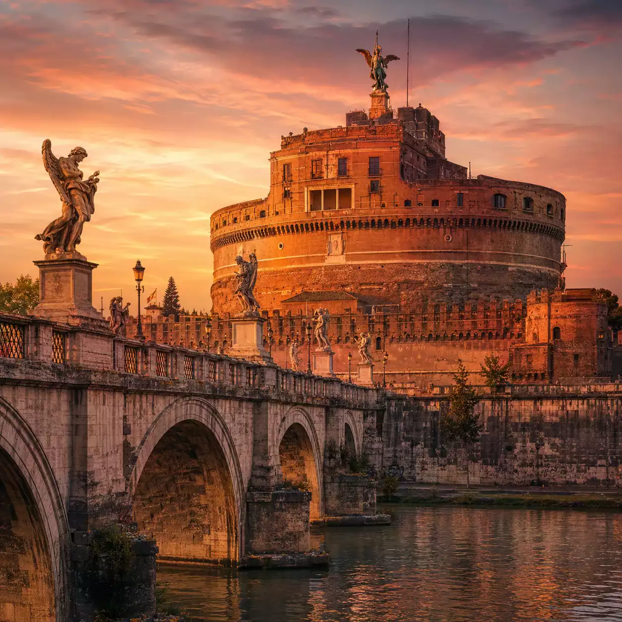 Castel Sant'Angelo à Rome au coucher du soleil — apparition de saint Michel en 590