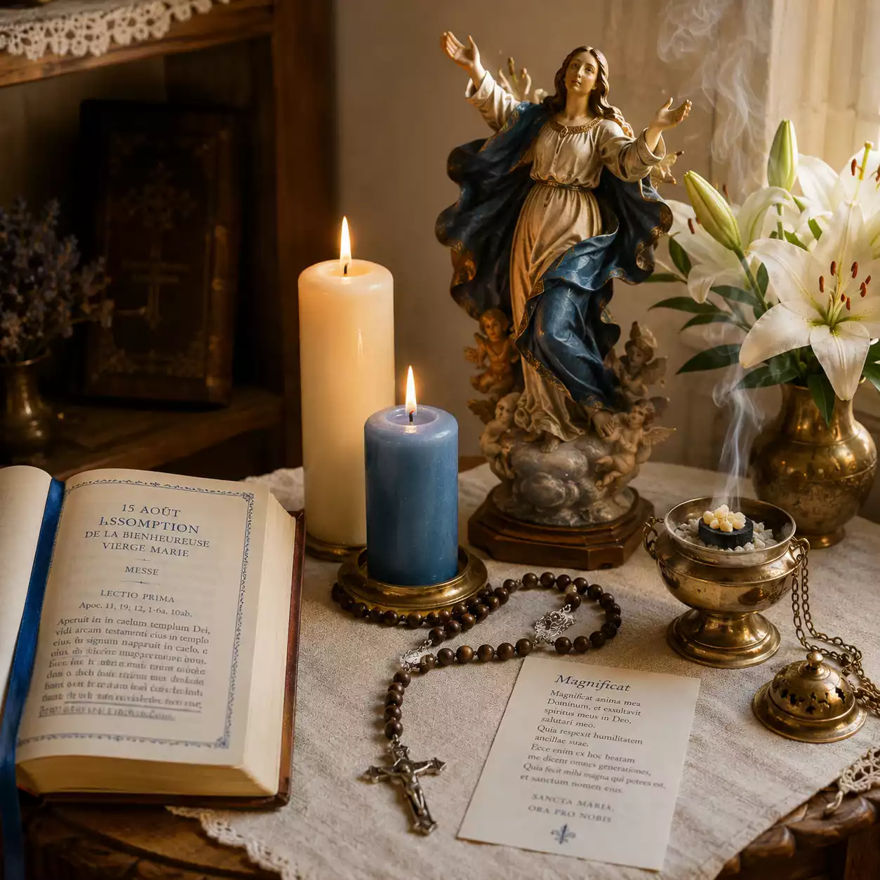 Autel domestique pour l'Assomption — cierge bleu, statue mariale, bouquet de lys et rosaire