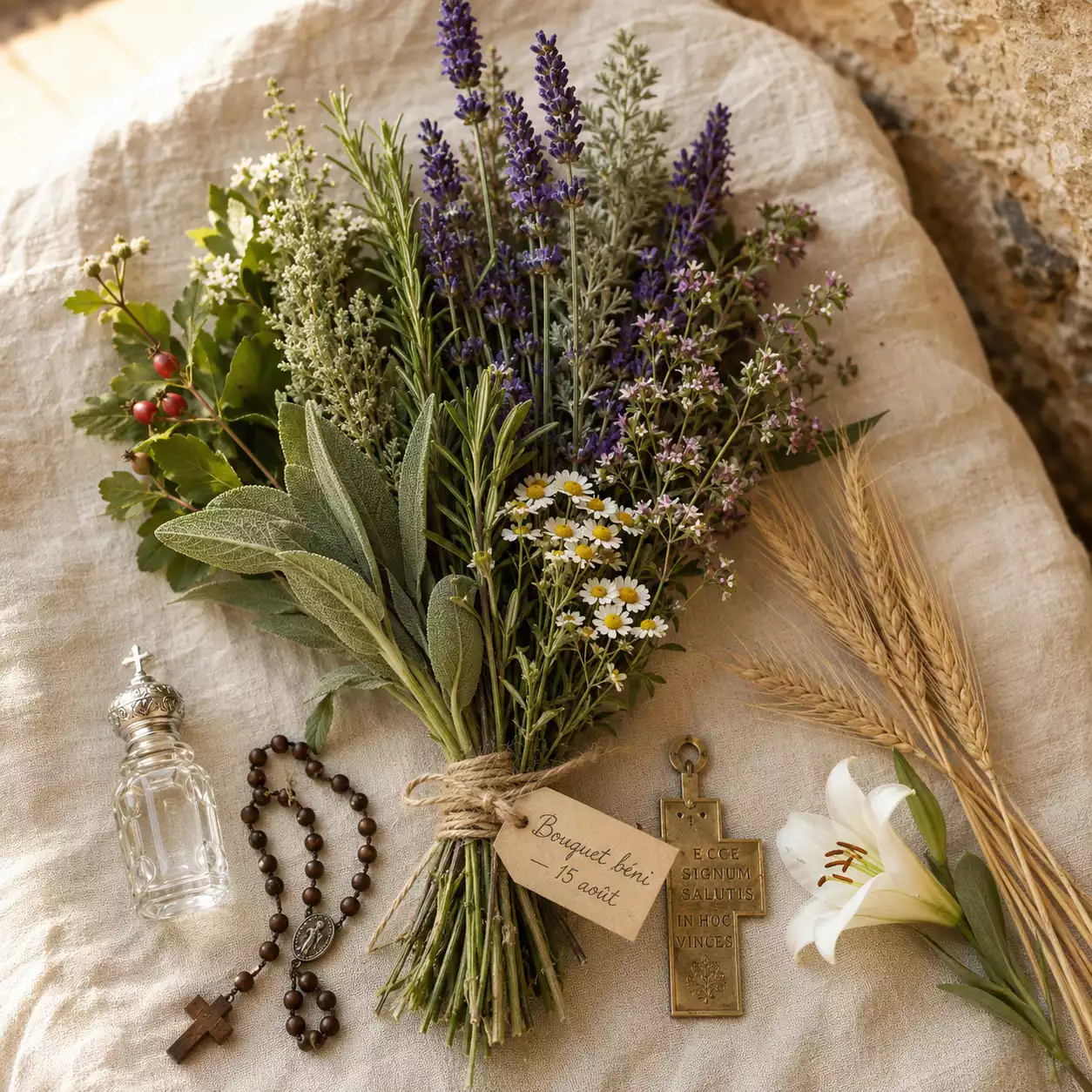Bouquet béni du 15 août — 7 herbes traditionnelles (armoise, lavande, romarin, verveine, camomille, sauge, aubépine)
