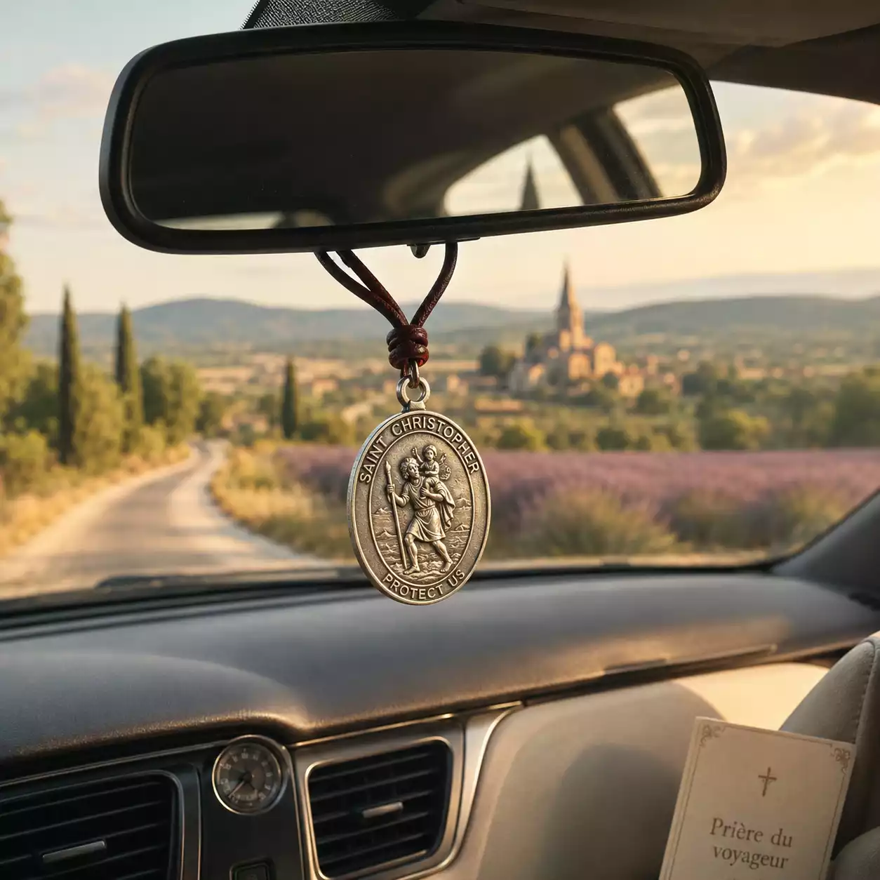 Médaille de saint Christophe accrochée au rétroviseur d'une voiture — protection du chauffeur catholique sur la route