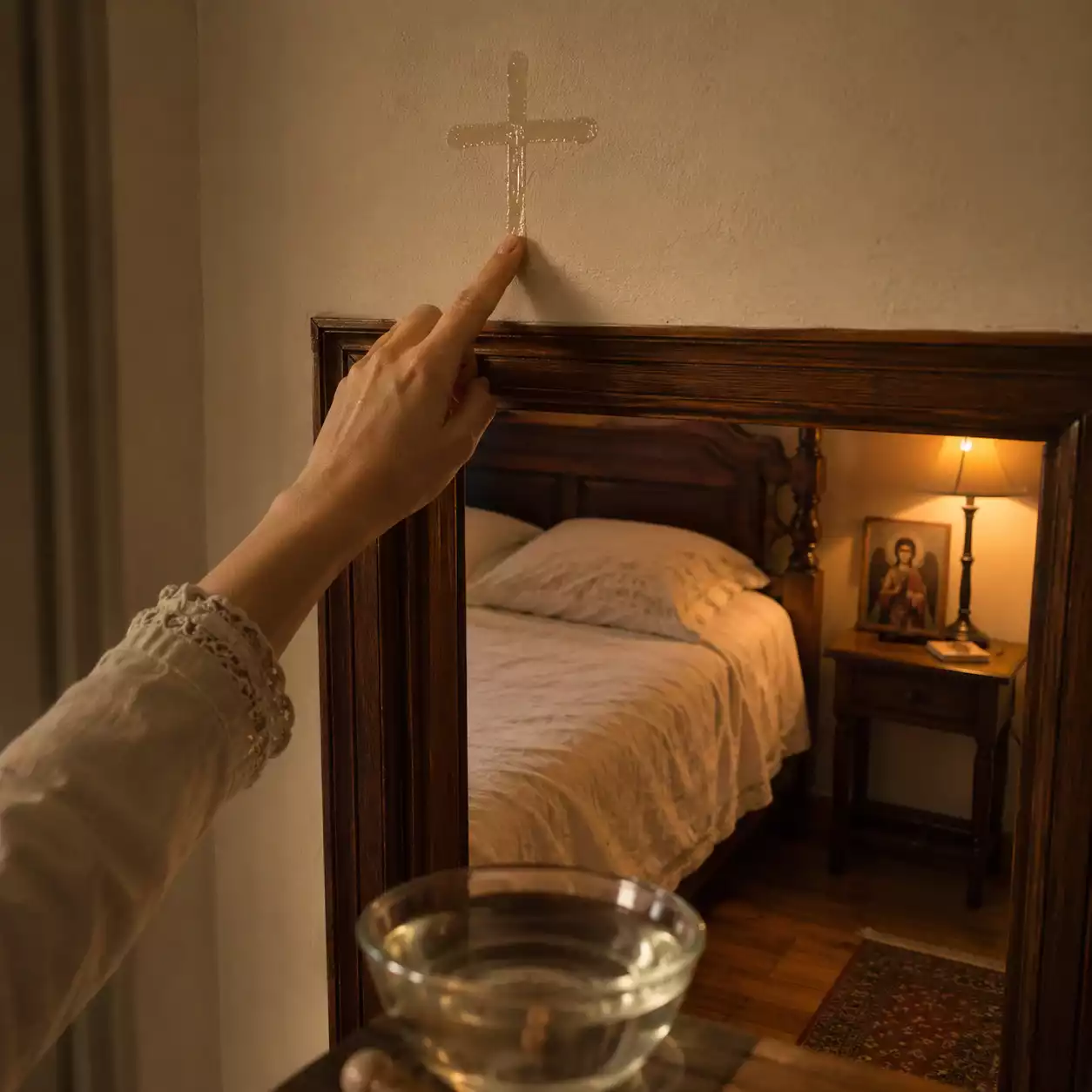 Bénédiction d'une chambre — main tracant une croix d'eau bénite au-dessus de la porte
