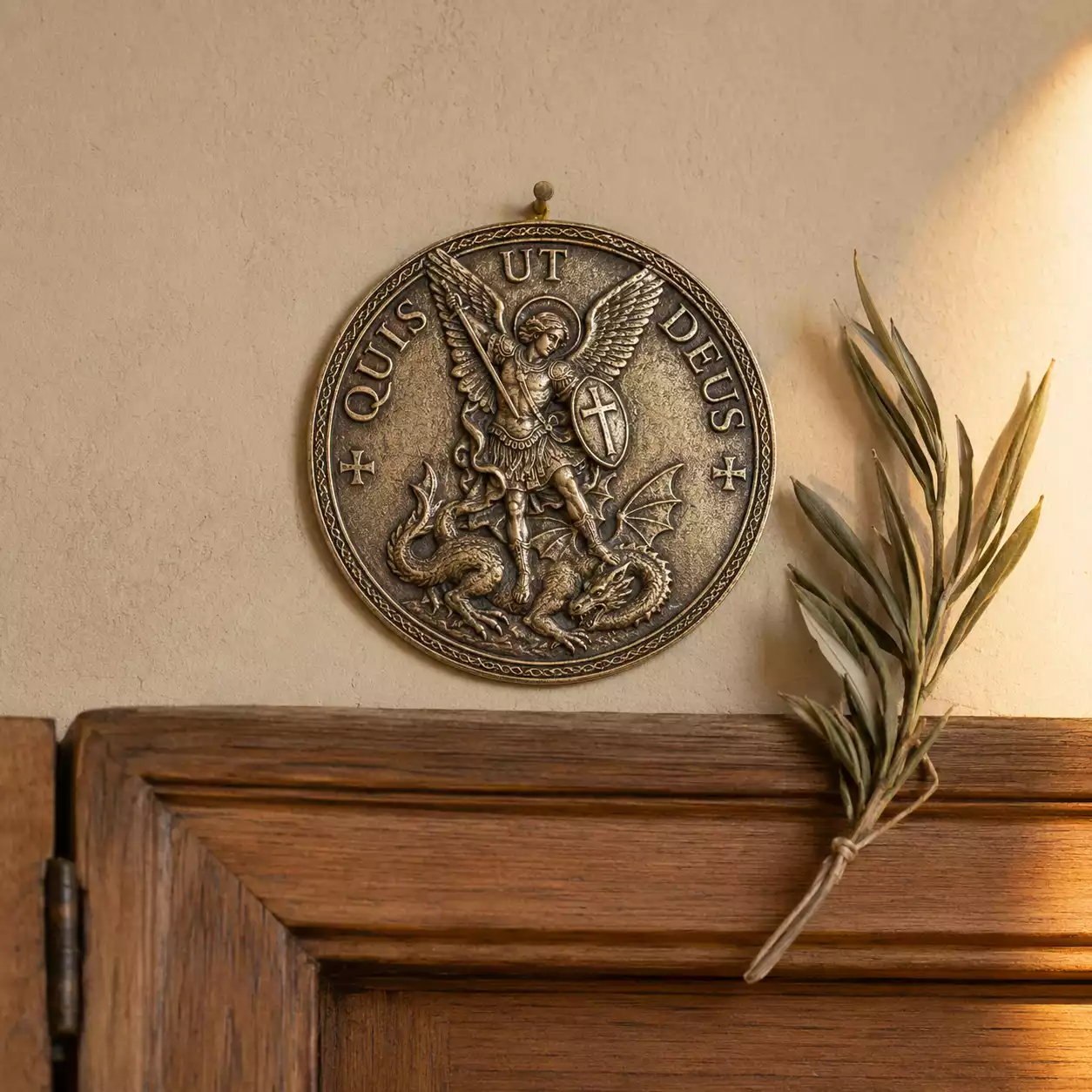 Pentacle de saint Michel Archange fixé au-dessus de la porte d'entrée d'un foyer