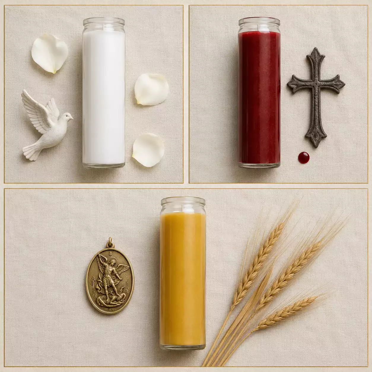 Les 3 bougies rituelles pour saint Michel — blanche (protection), rouge (combat), dorée (victoire)