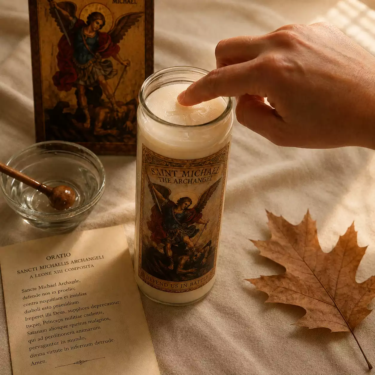 Rituel d'ouverture de la neuvaine à saint Michel — main tracant une croix d'eau bénite sur la bougie