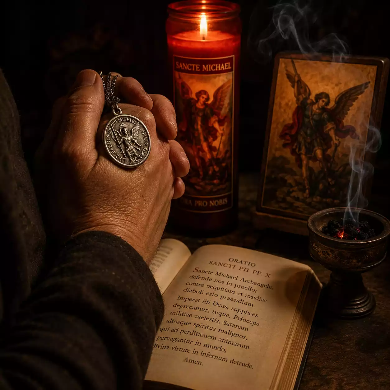 Prière de discernement à saint Michel — mains jointes tenant une médaille contre le cœur