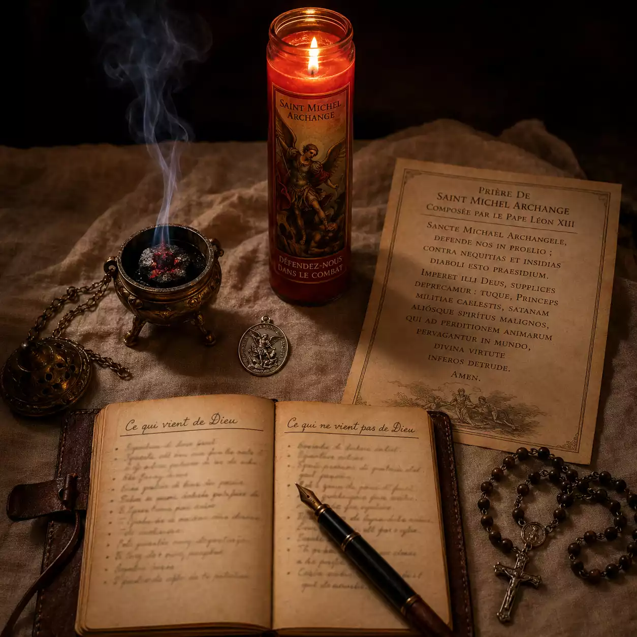 Rituel complet de combat spirituel à saint Michel — bougie rouge, encens, médaille et carnet de discernement