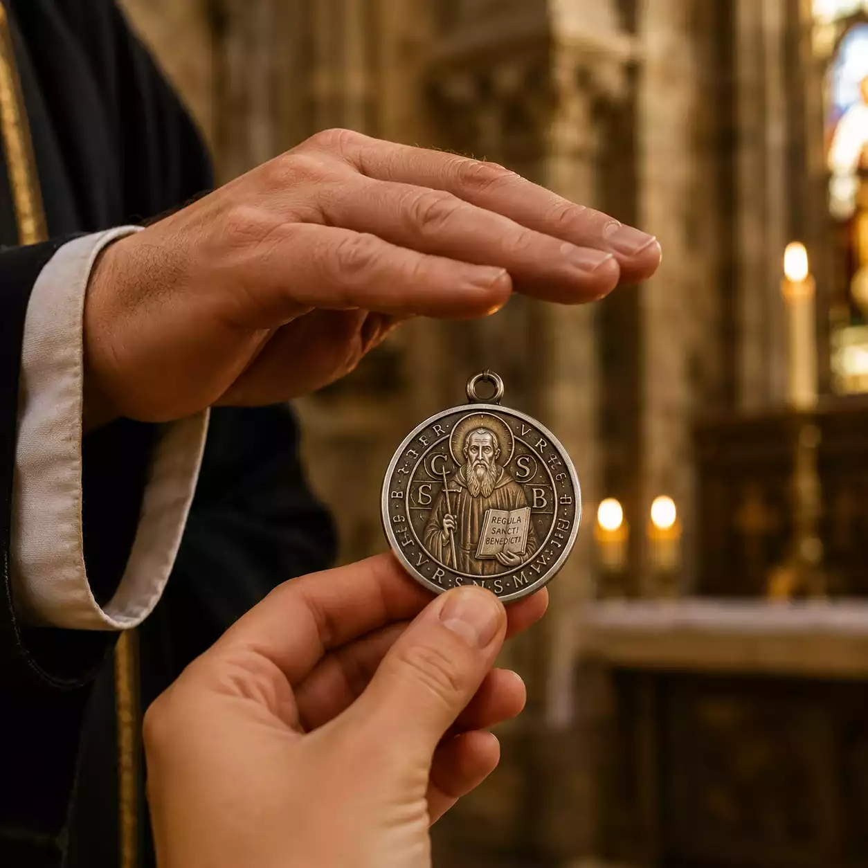 Bénédiction d'une médaille de saint Benoît par un prêtre à la messe du 11 juillet