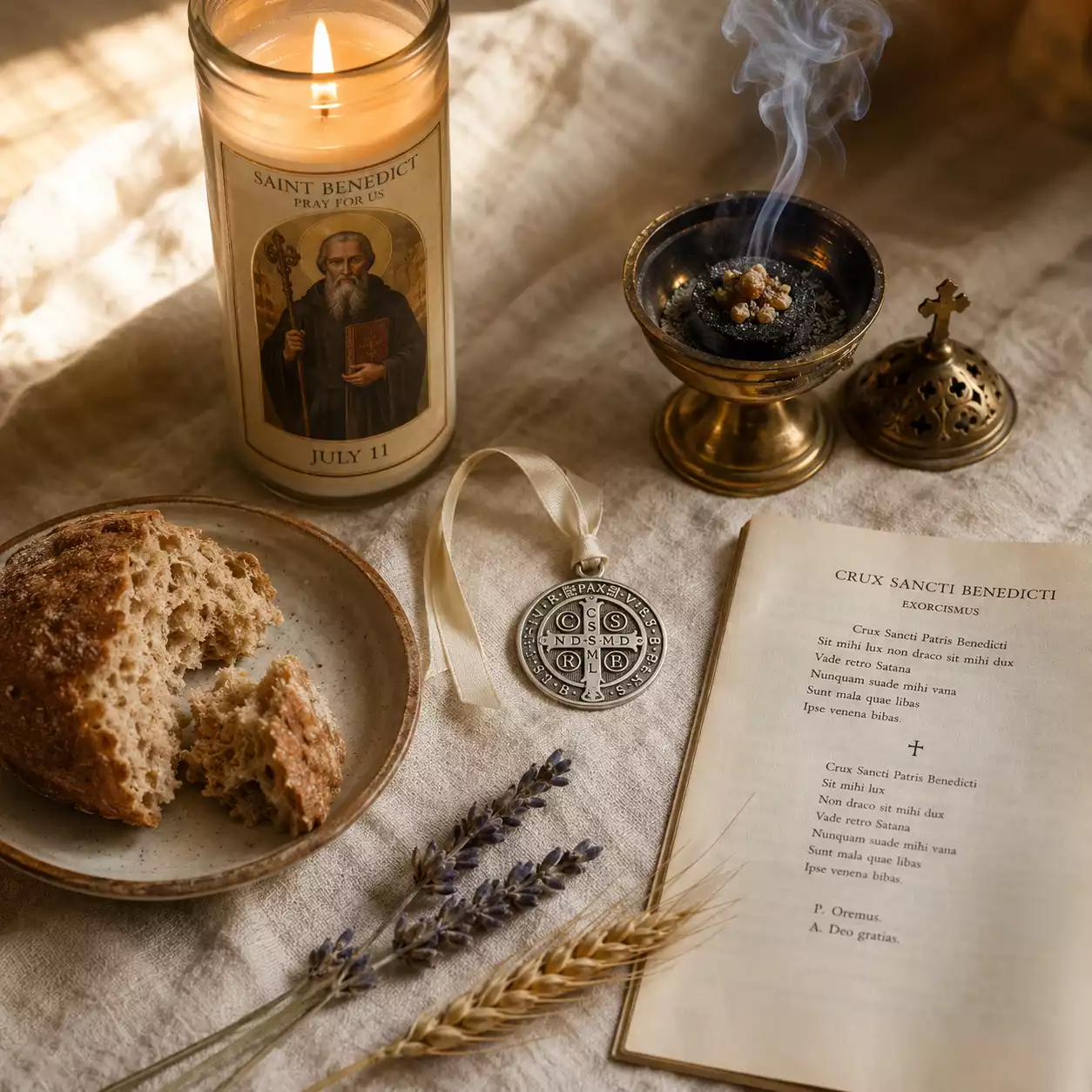 Rituel domestique complet pour la fête de saint Benoît le 11 juillet — bougie de neuvaine, médaille, encens, pain béni