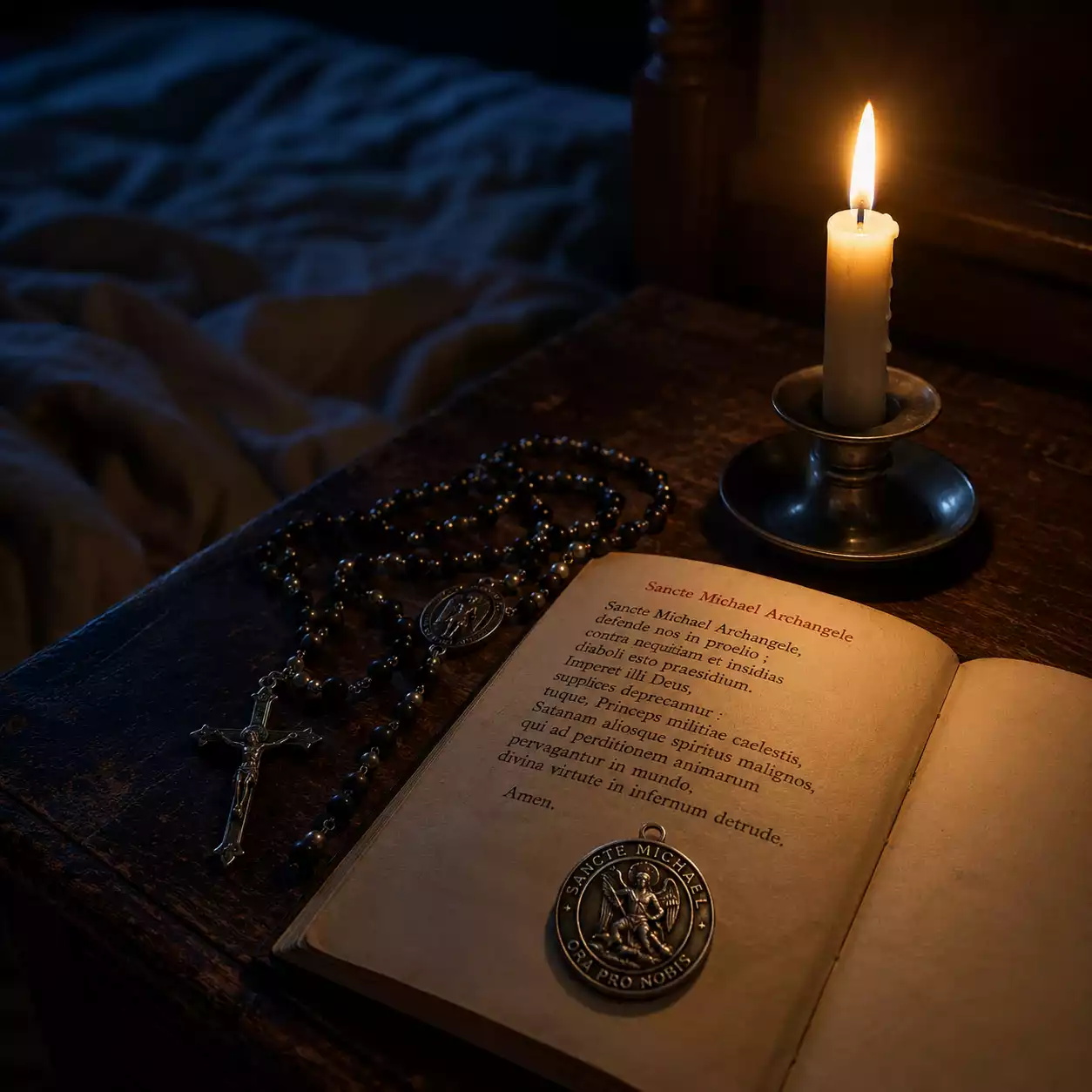 Prière nocturne à saint Michel — bougie, livre de prières et médaille sur la table de nuit