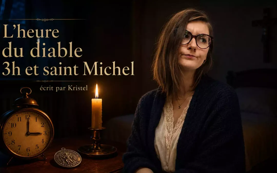 Horloge indiquant 3h du matin avec bougie et médaille saint Michel — heure du diable