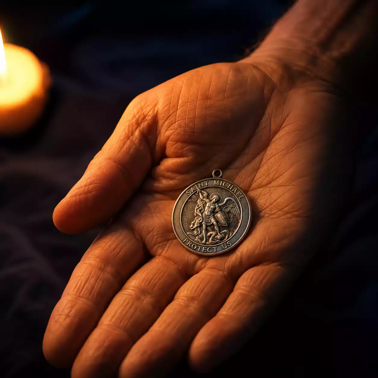 Main tenant une médaille de saint Michel en pleine nuit à 3h du matin