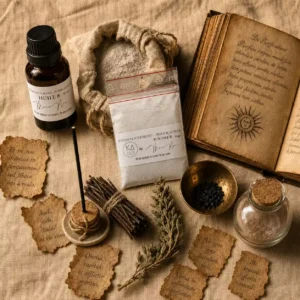 Kit désenvoûtement purification avec Huile 8, Poudre 8, bougie noire, livret rituel et herbes de purification