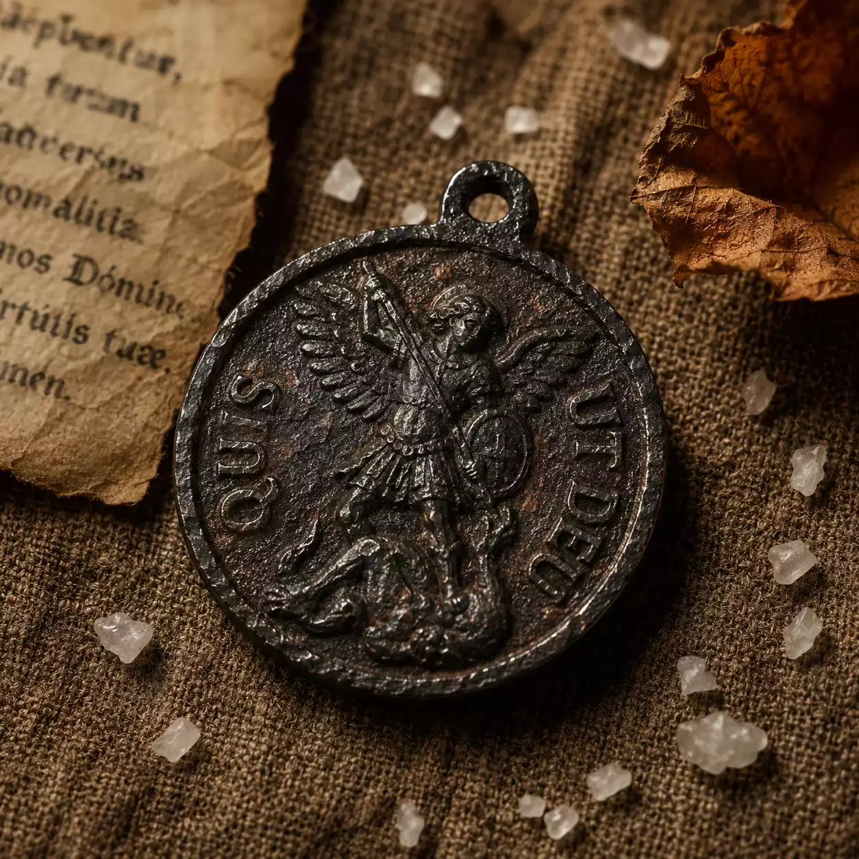 Médaille de saint Michel en fer forgé — détail macro de la texture et de la gravure