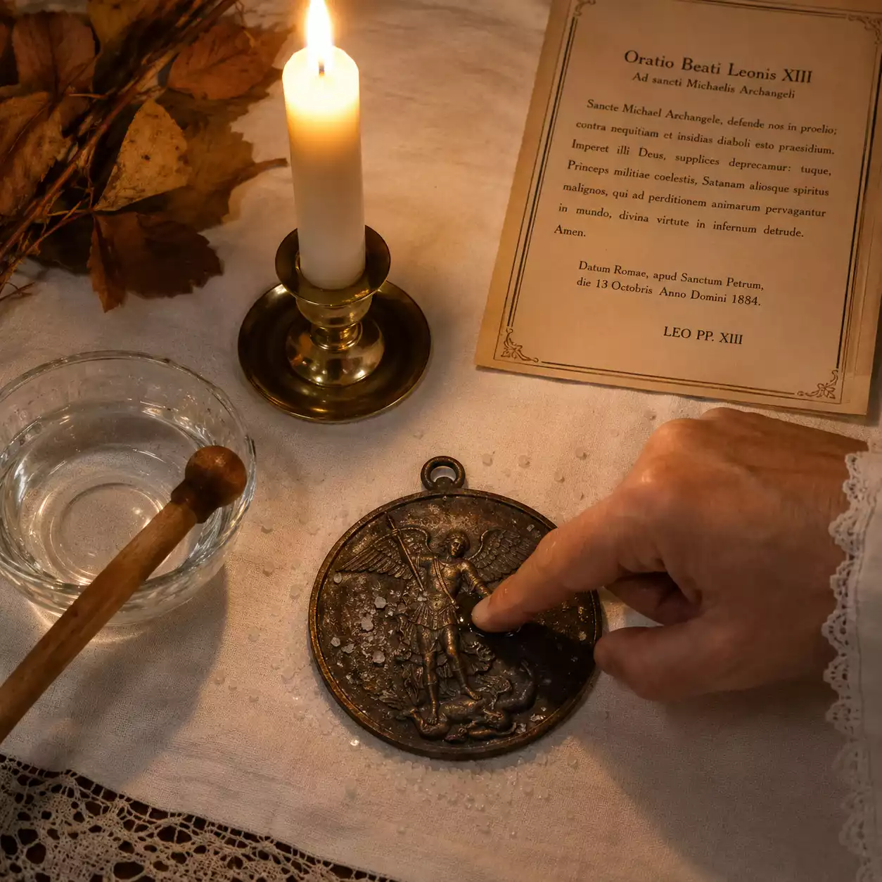 Rituel de bénédiction d'un objet en fer à saint Michel — sel béni, eau bénite et croix tracée