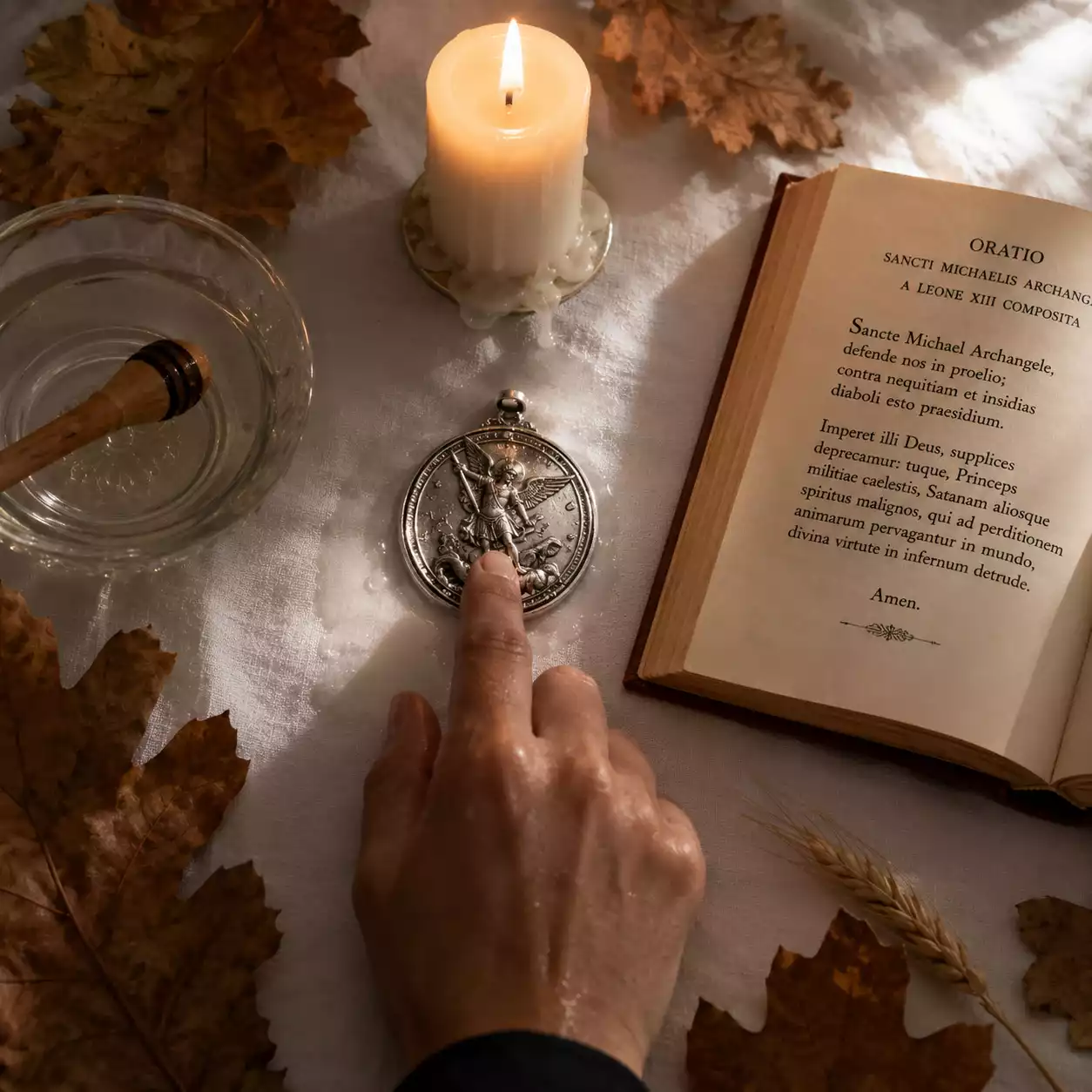 Rituel de consécration d'une médaille de saint Michel — main tracant une croix d'eau bénite