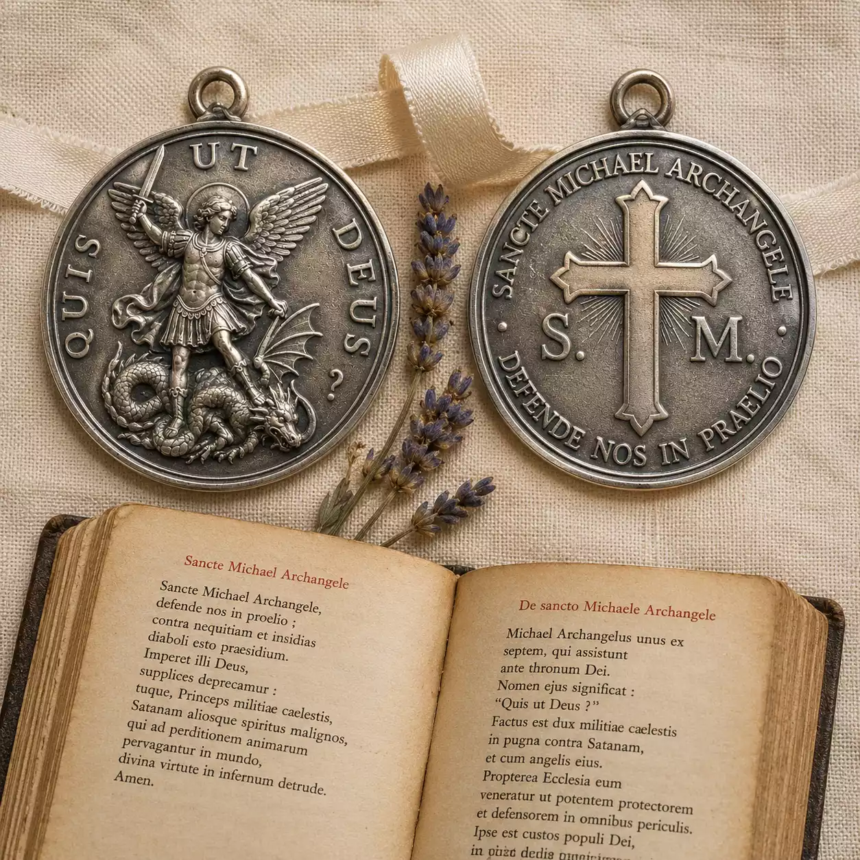 Les 2 faces de la médaille de saint Michel — avers (archange + Quis ut Deus) et revers (croix latine)