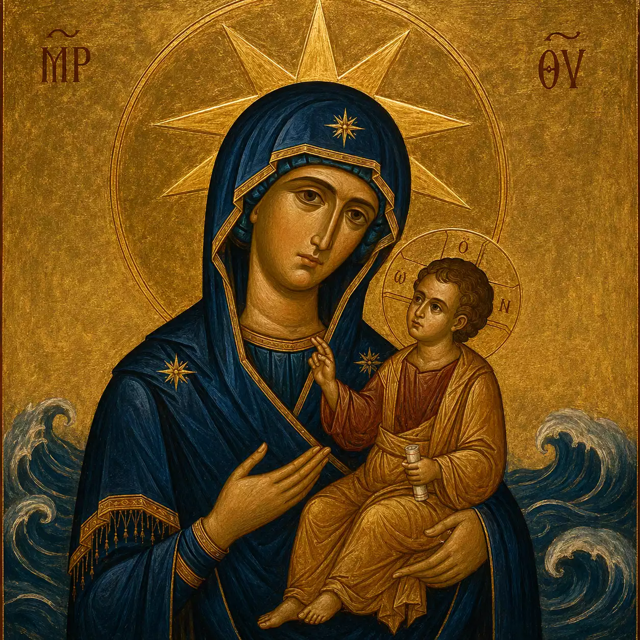 Icône traditionnelle de Marie Stella Maris (Étoile de la Mer) — l'un des 9 titres marials de la neuvaine
