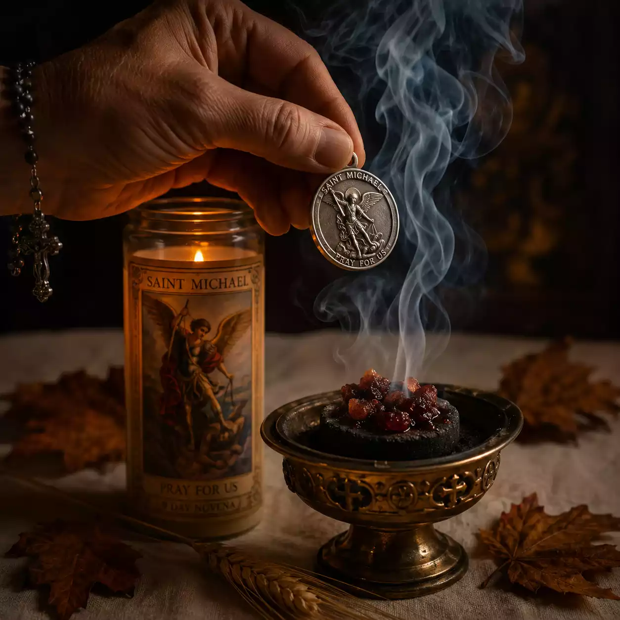 Clôture de la neuvaine saint Michel le 29 septembre — passage de la médaille dans la fumée d'encens