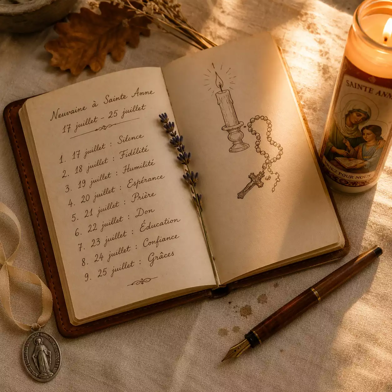 Carnet manuscrit du plan de la neuvaine à sainte Anne — 9 jours d'intentions du 17 au 25 juillet
