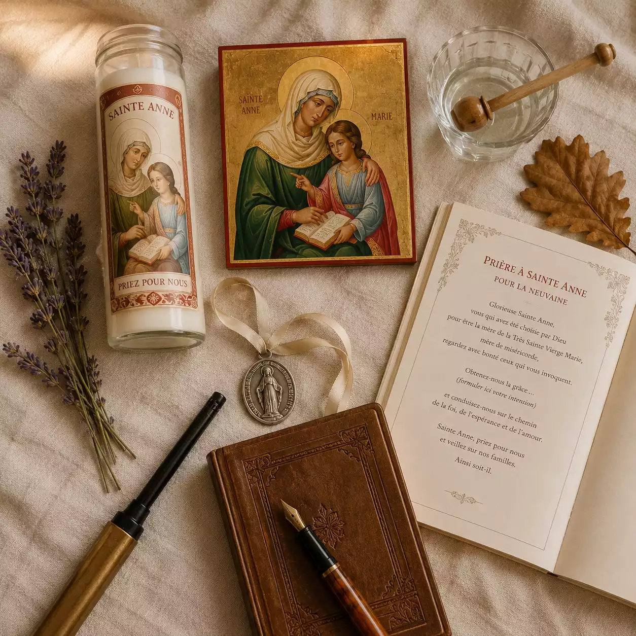 Matériel complet pour la neuvaine à sainte Anne — bougie, médaille, icône, carnet et prière