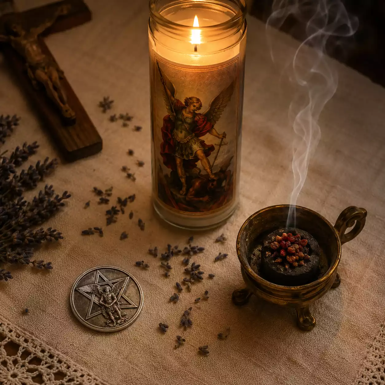 Triangle sacré de saint Michel — pentacle, bougie de neuvaine et encens rouge