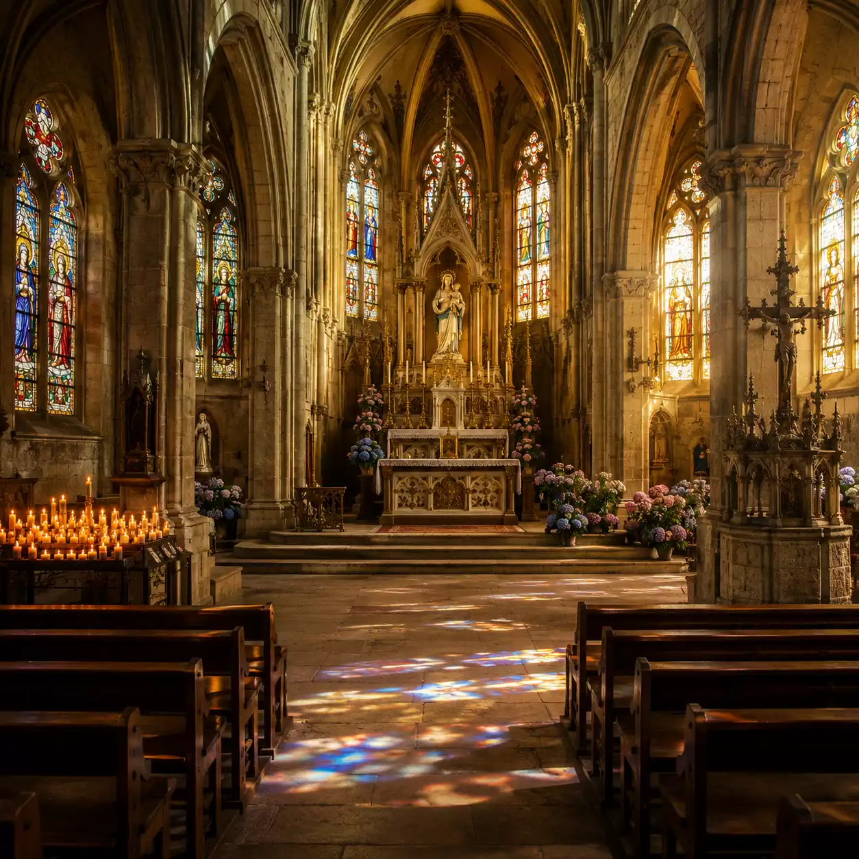Intérieur de la basilique de Sainte-Anne-d'Auray — nef, vitraux, autel majeur et cierges du Grand Pardon