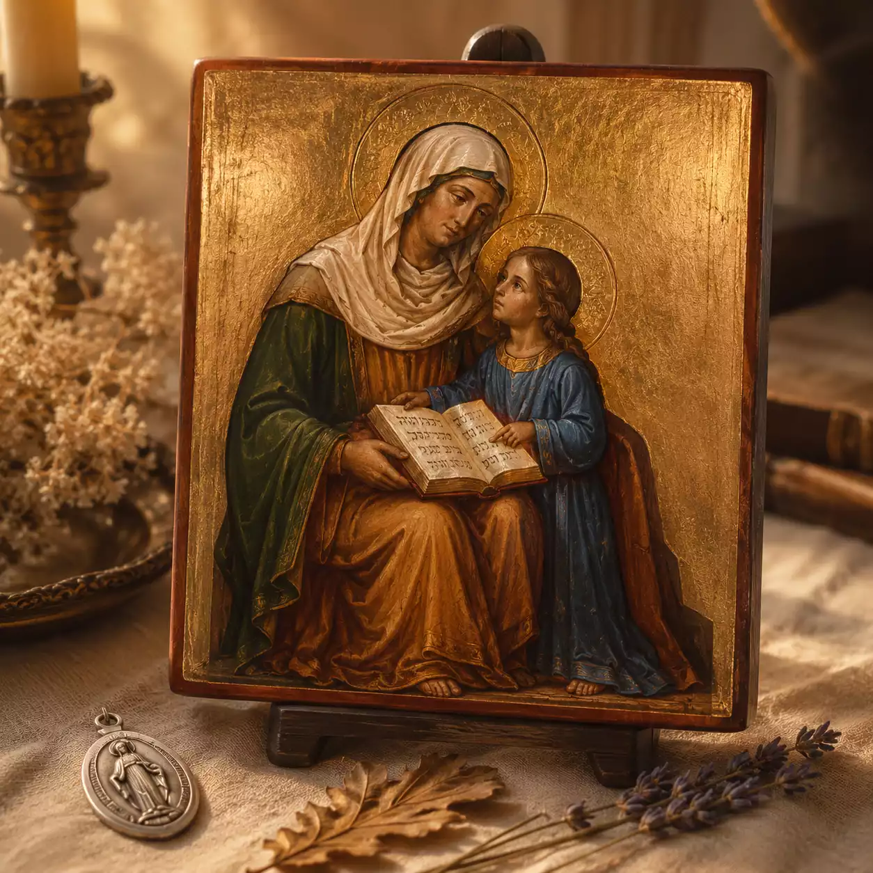 Icône traditionnelle de sainte Anne enseignant à Marie enfant — transmission maternelle catholique