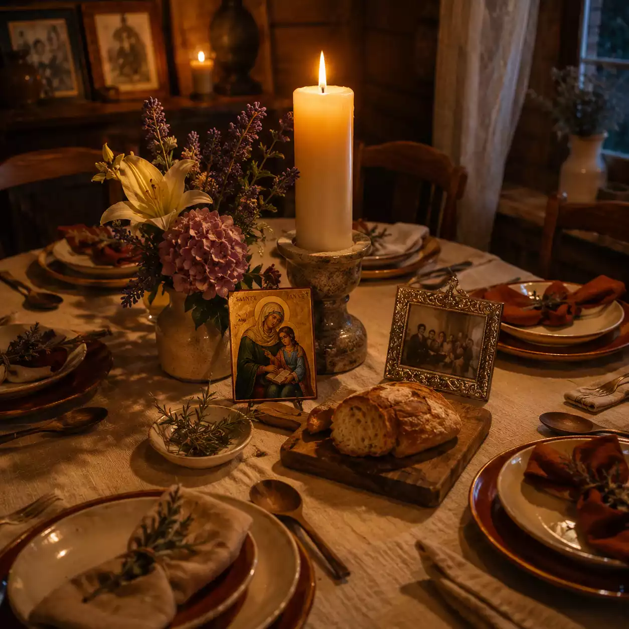 Table familiale avec bougie de prière à sainte Anne — unité familiale et communion des vivants et défunts