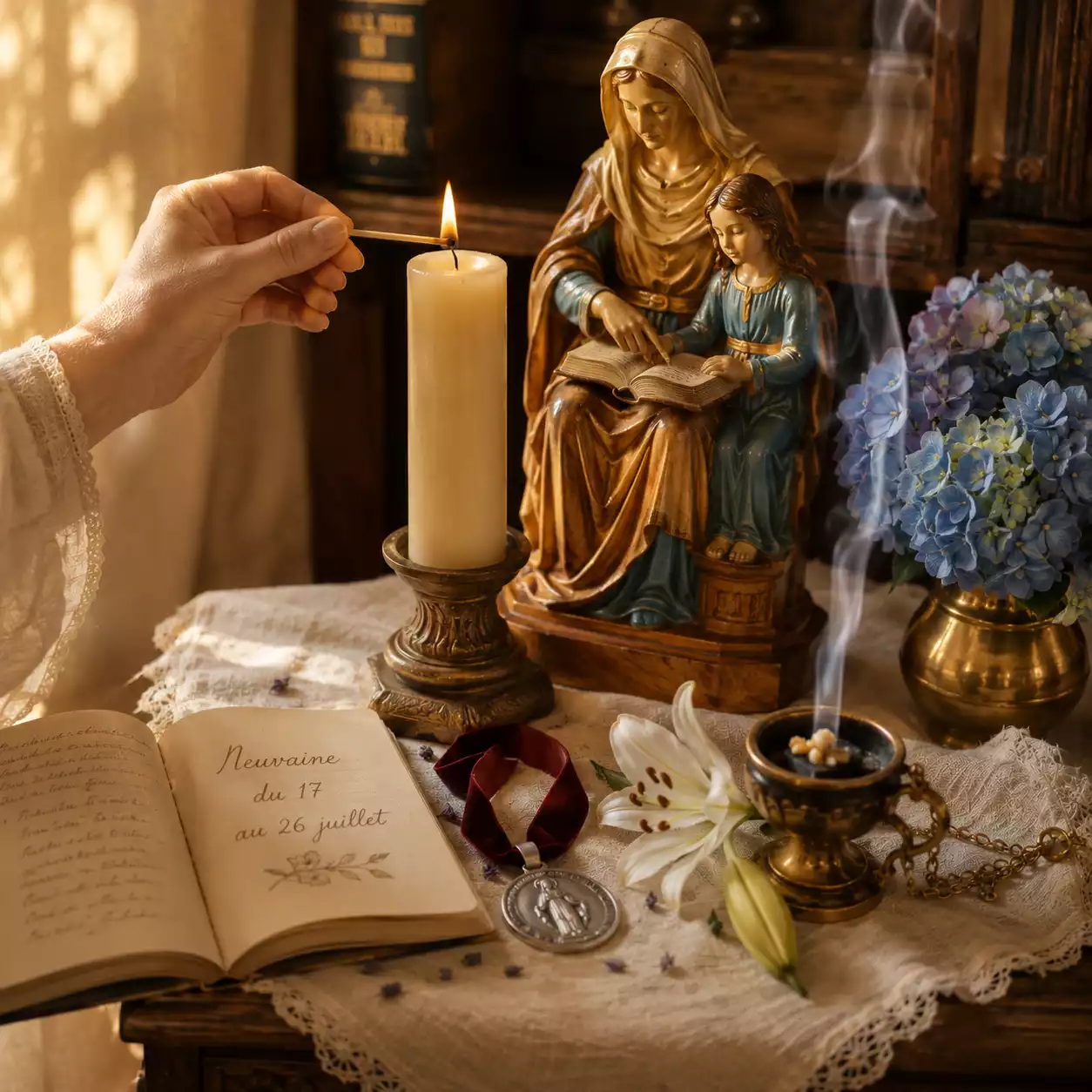 Rituel domestique de la prière à sainte Anne — main allumant la bougie de neuvaine devant la statue et le carnet d'intention