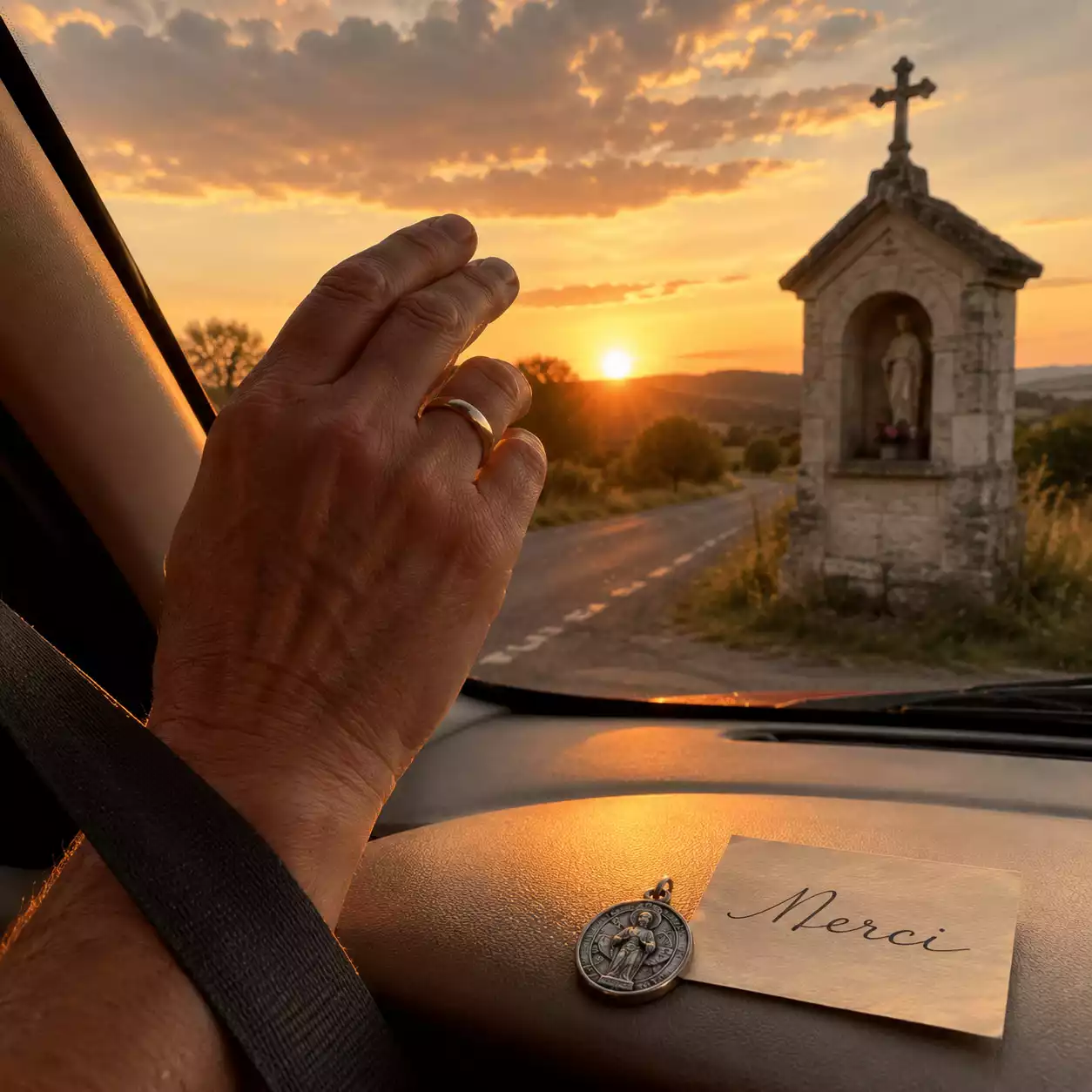 Main faisant le signe de croix en action de grâce après un danger évité sur la route — prière catholique du voyageur
