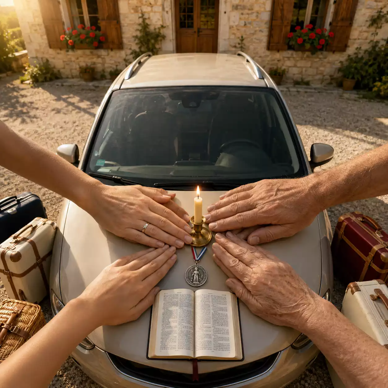 Famille catholique en prière autour d'une bougie sur le capot d'une voiture avant le départ en vacances