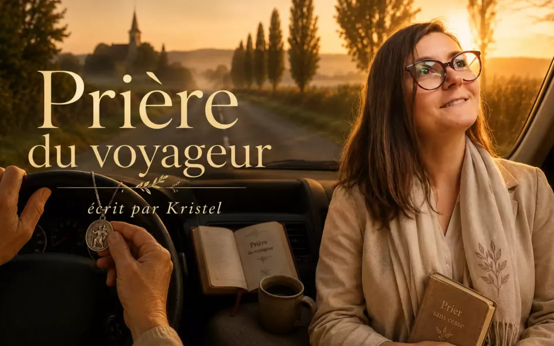 Mains sur le volant tenant une médaille de saint Christophe — prière avant de prendre la route