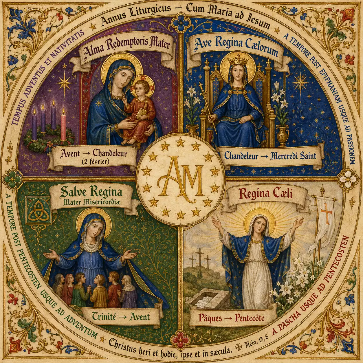 Les 4 grandes antiennes mariales et leur saison liturgique — Alma Redemptoris, Ave Regina, Regina Caeli, Salve Regina