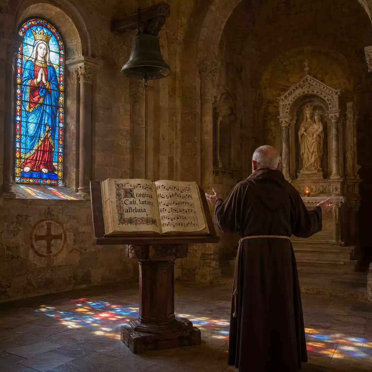 Récitation du Regina Caeli dans une église romane — antiphonaire médiéval et vitrail de la Vierge Reine