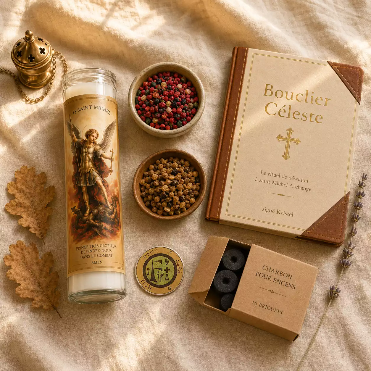 Pack rituel saint Michel Archange avec bougie de neuvaine, deux encens en grains, pentacle archange Michel, charbons pour encens et livret Bouclier Céleste sur une nappe en lin crème.