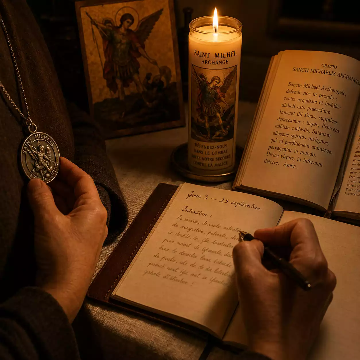 Prière du soir pendant la neuvaine — écriture des intentions du jour dans le carnet devant la bougie